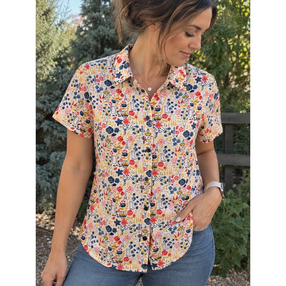 Duluth Trading Co Shirt Womens S Pink Garden Print Armachillo Short Sleeve Top